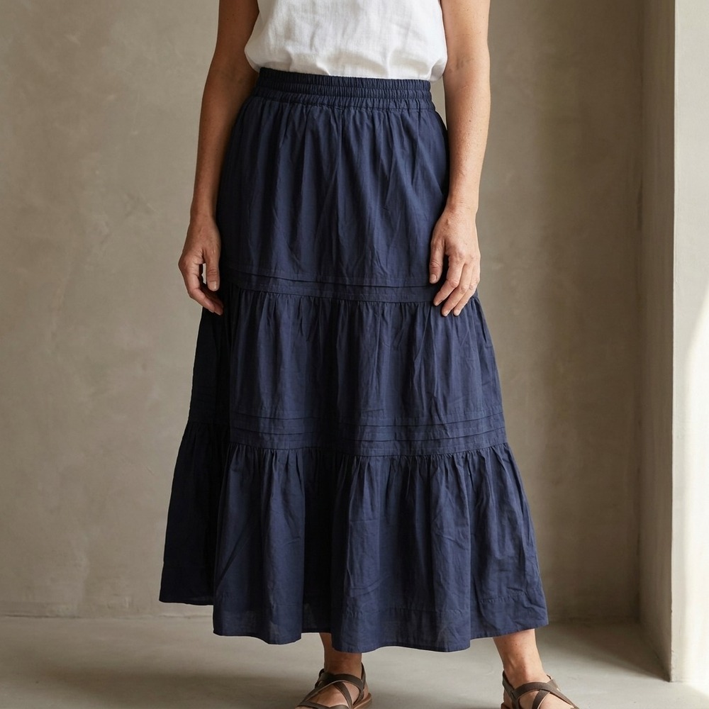 QUINCE Women Tiered Maxi Skirt M Navy Blue Organic Cotton Cottagecore RK001 - Picture 1 of 13